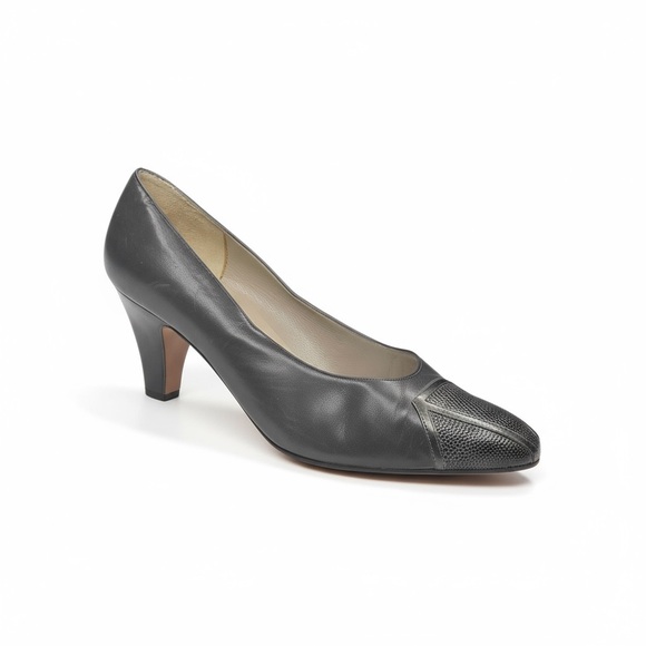 Salvatore Ferragamo Shoes - Vintage: Ferragamo x SFA ❀ Inset Croc Embossed Kitten Heel Pumps ❀ Slate Leather